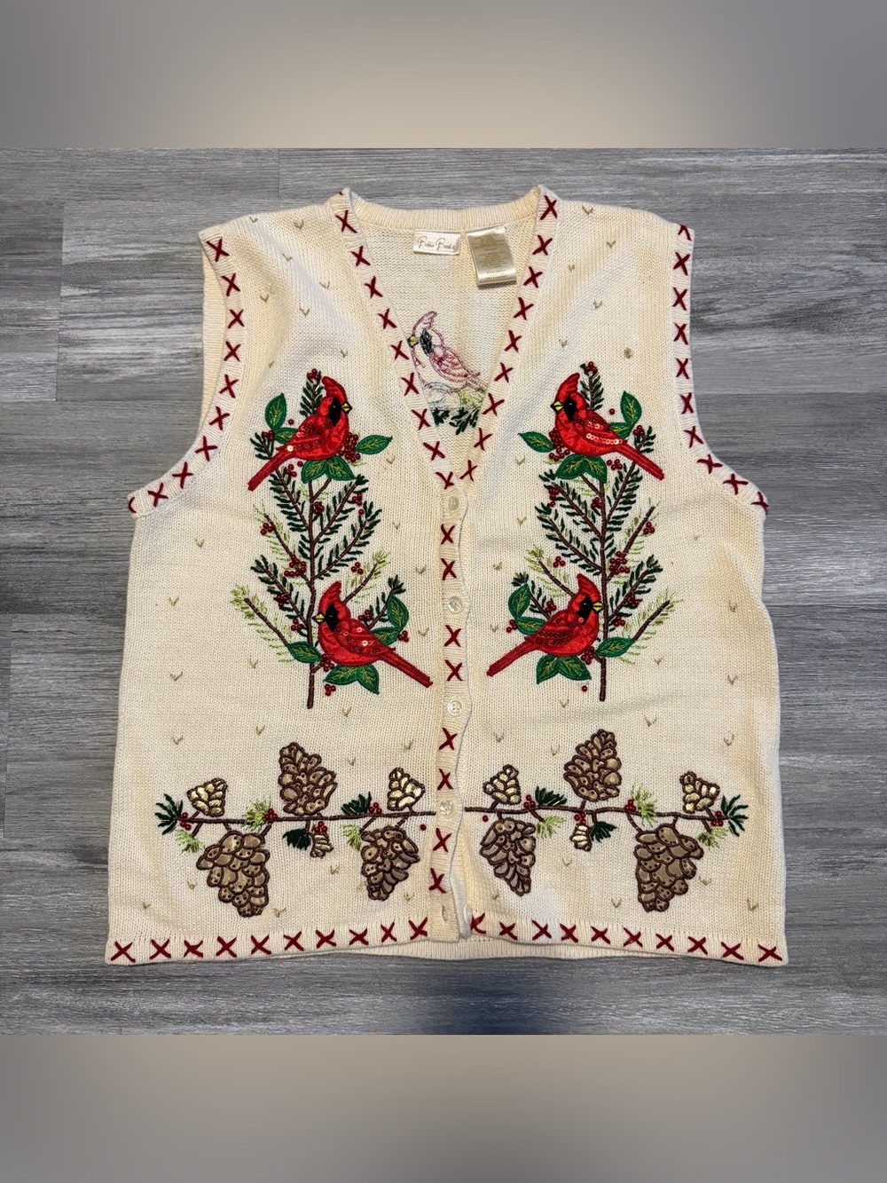 Bobbie Brooks Cardinal Pinecone Embroidered Knit Sweater Vest Large 12-14 Winter